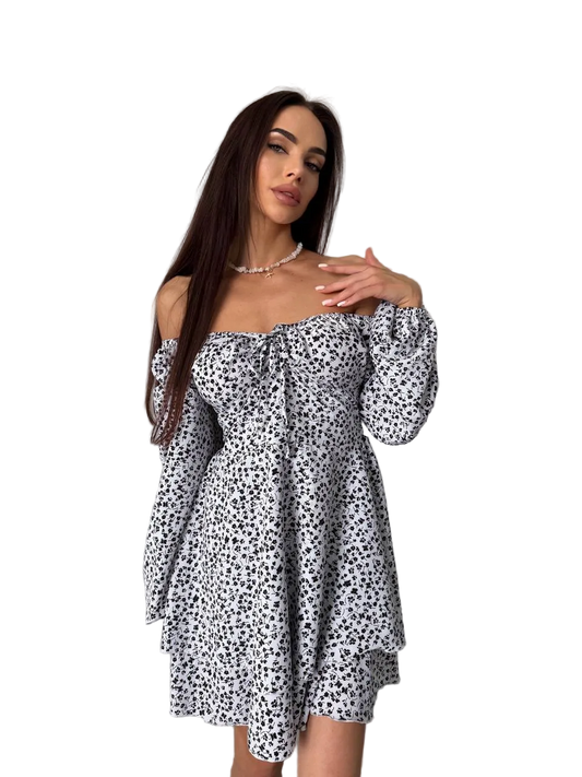 Off Shoulder Tiered Mini Dress White Black Floral Soft Fabric