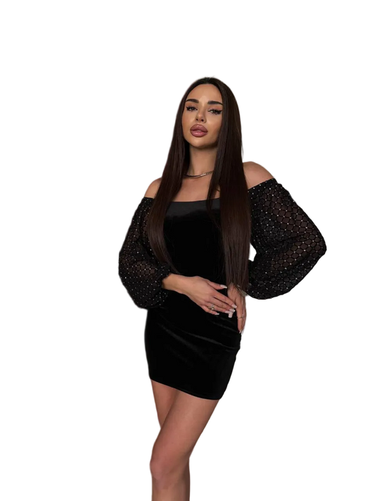 Black Velvet Off Shoulder Mini Dress with Decorative Mesh Sleeves Party Evening Cocktail Dress