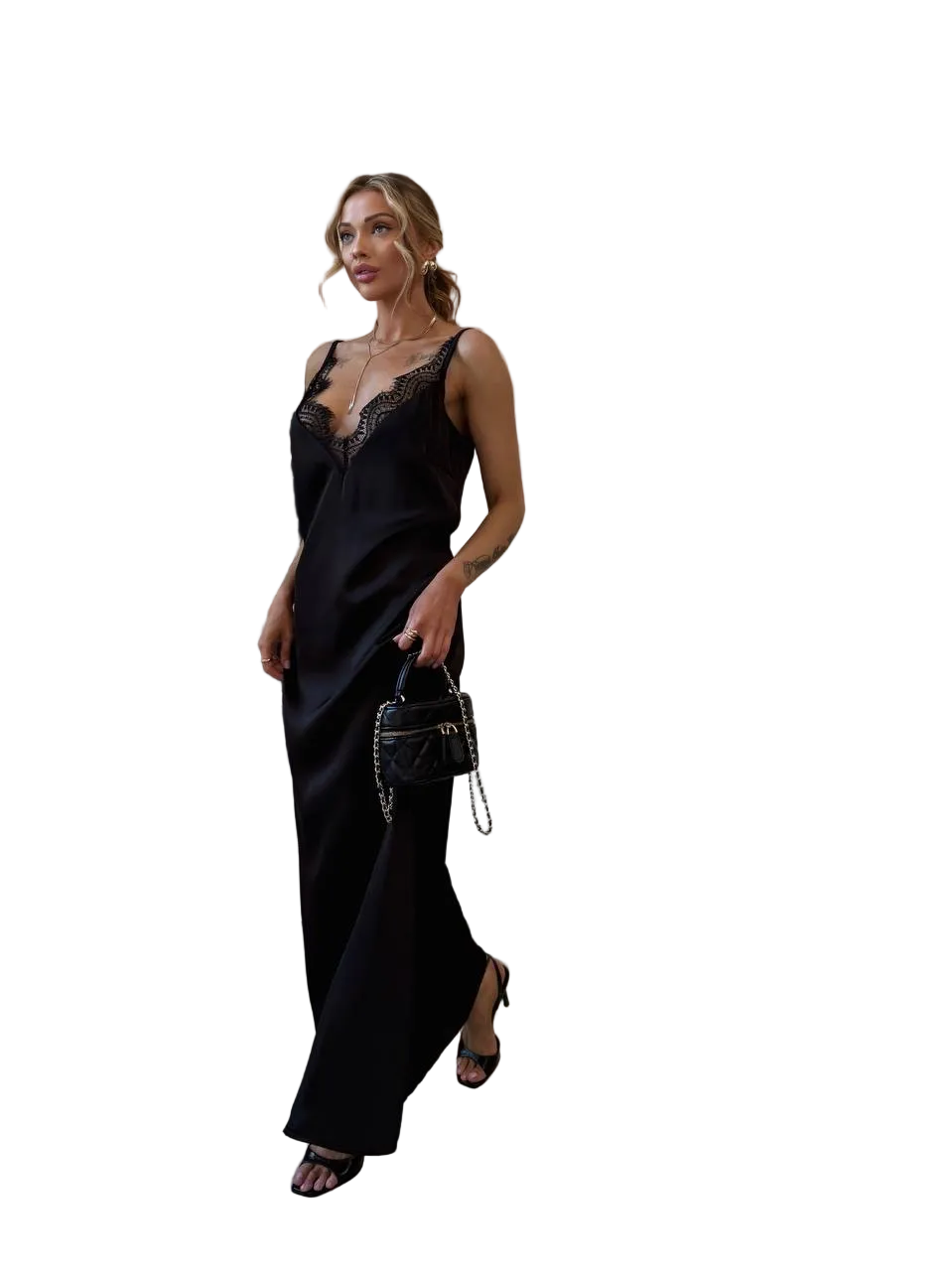 Black Double Silk Lace Maxi Slip Dress Adjustable Straps Evening Gown