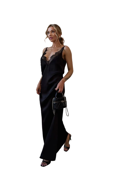 Black Double Silk Lace Maxi Slip Dress Adjustable Straps Evening Gown