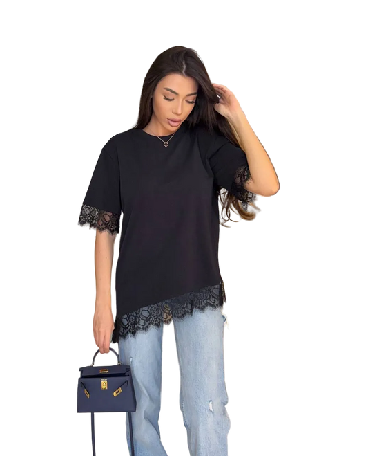 Black Lace Trim Cotton T Shirt for Women