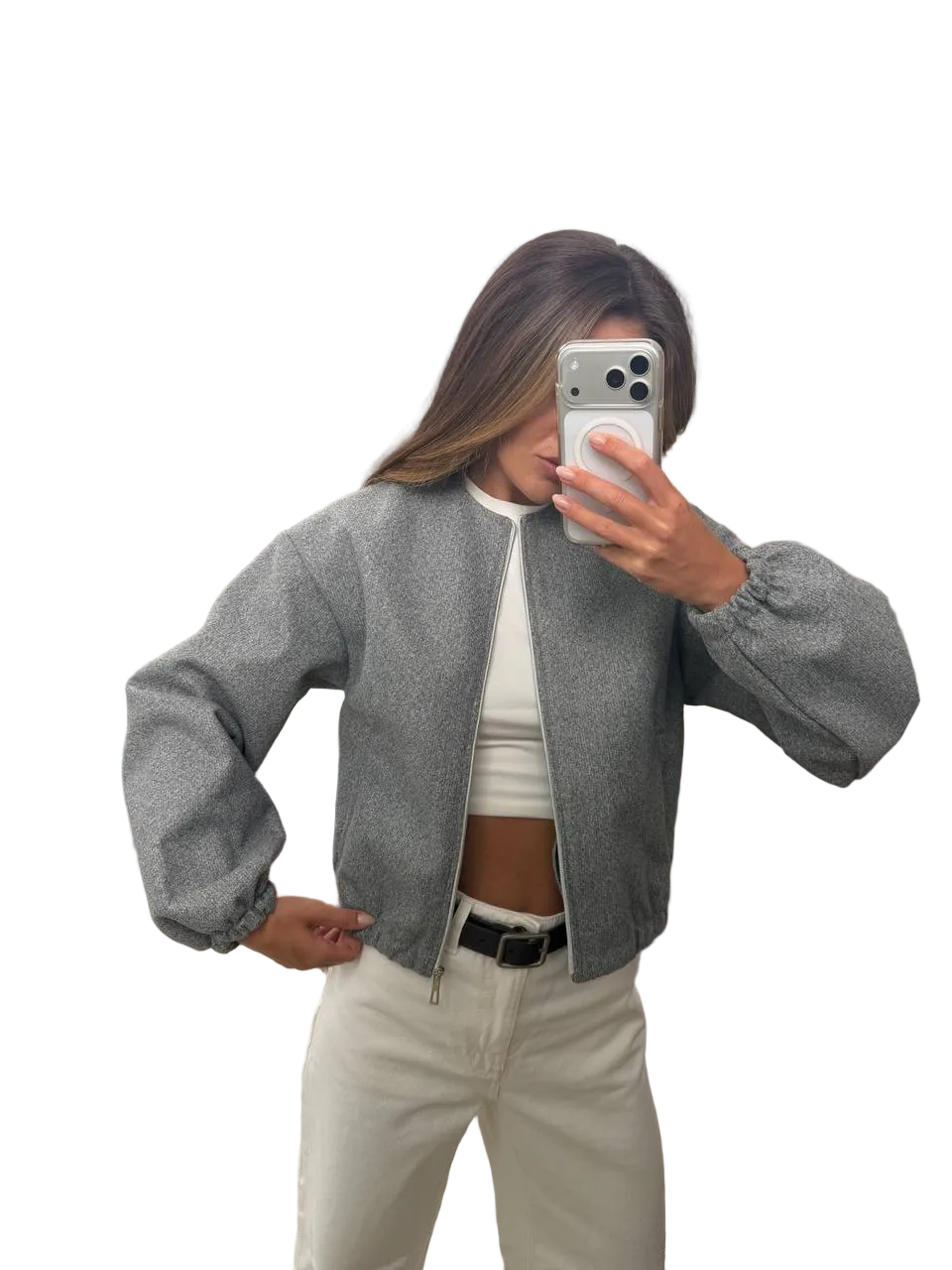 Women Cashmere Bomber Jacket Grey Lightweight Unlined