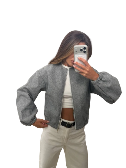 Women Cashmere Bomber Jacket Grey Lightweight Unlined