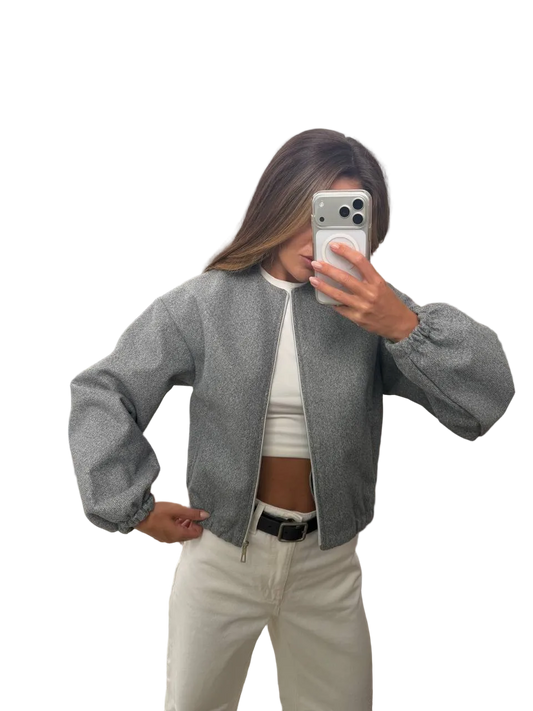 Women Cashmere Bomber Jacket Grey Lightweight Unlined