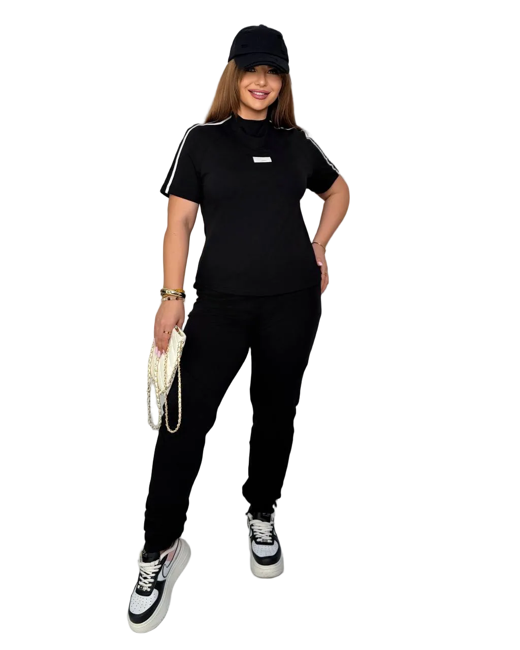 Black Womens Tracksuit Set Short Sleeve Top And Jogger Pants Casual Sportwear