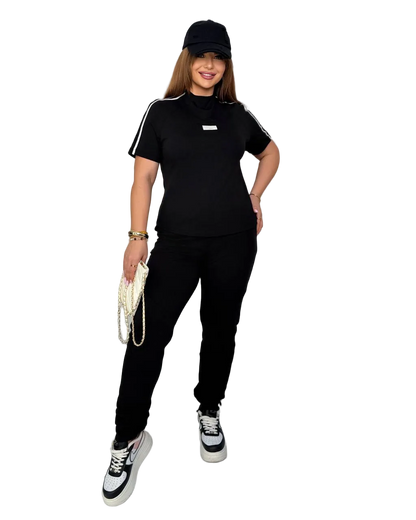 Black Womens Tracksuit Set Short Sleeve Top And Jogger Pants Casual Sportwear