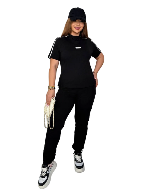 Black Womens Tracksuit Set Short Sleeve Top And Jogger Pants Casual Sportwear