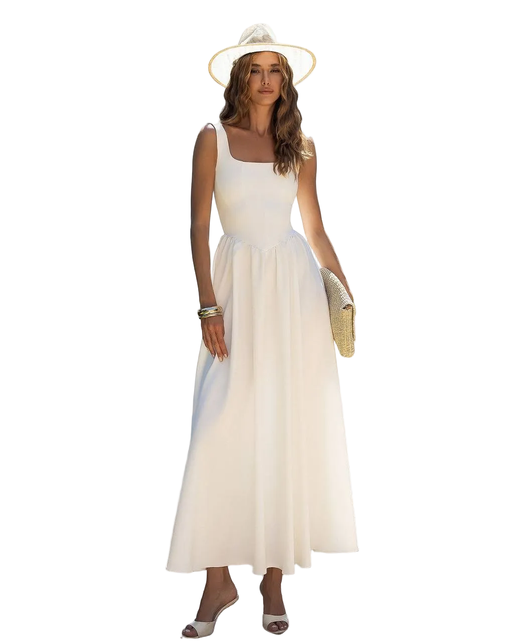 White Sleeveless Maxi Dress Square Neckline Premium Crepe Diagonal