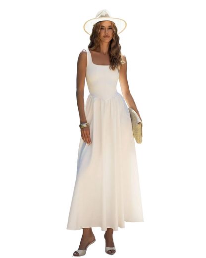 White Sleeveless Maxi Dress Square Neckline Premium Crepe Diagonal