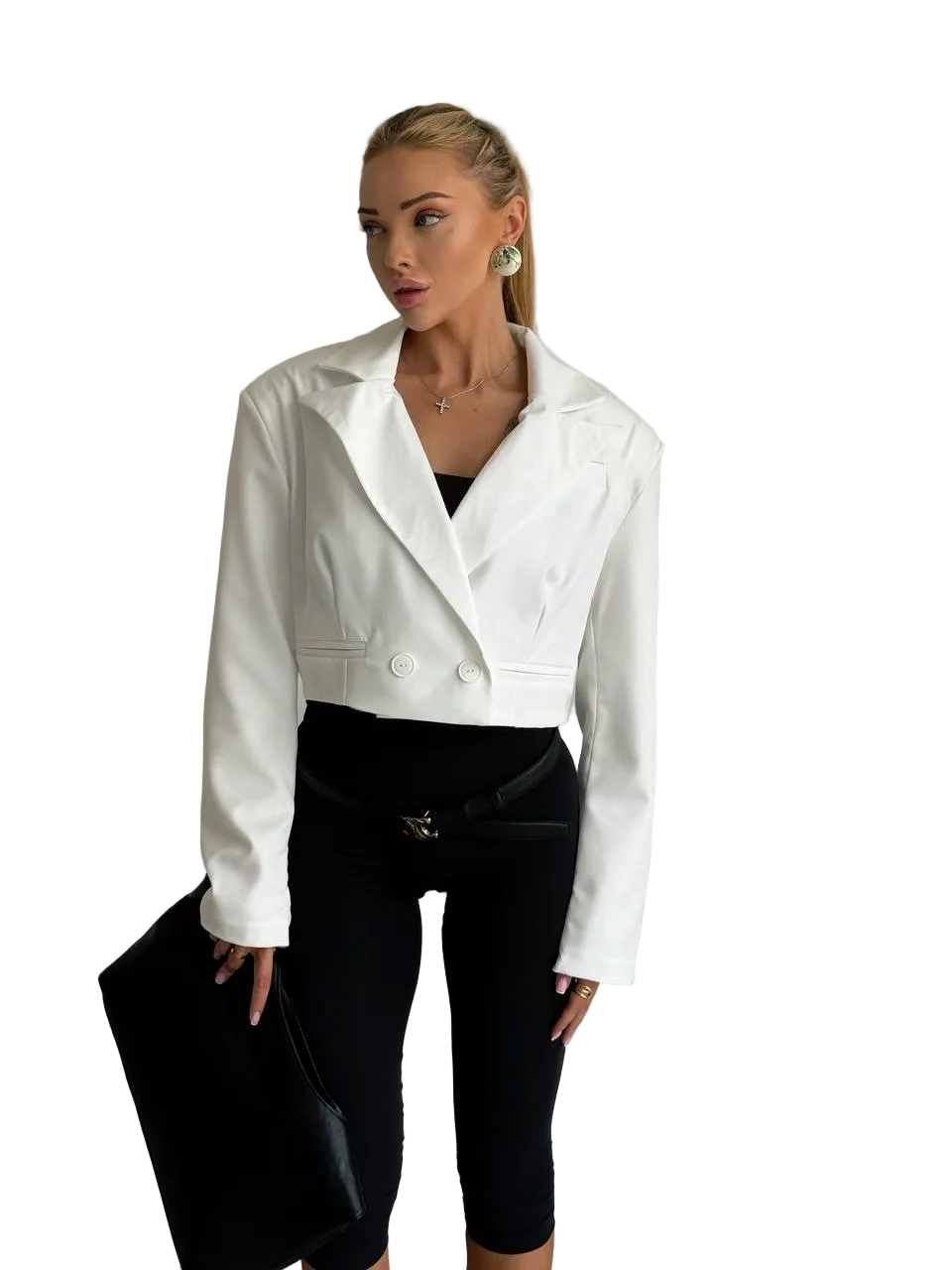 White Cropped Blazer Jacket Women Tailored Shoulder Accent