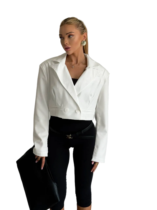 White Cropped Blazer Jacket Women Tailored Shoulder Accent