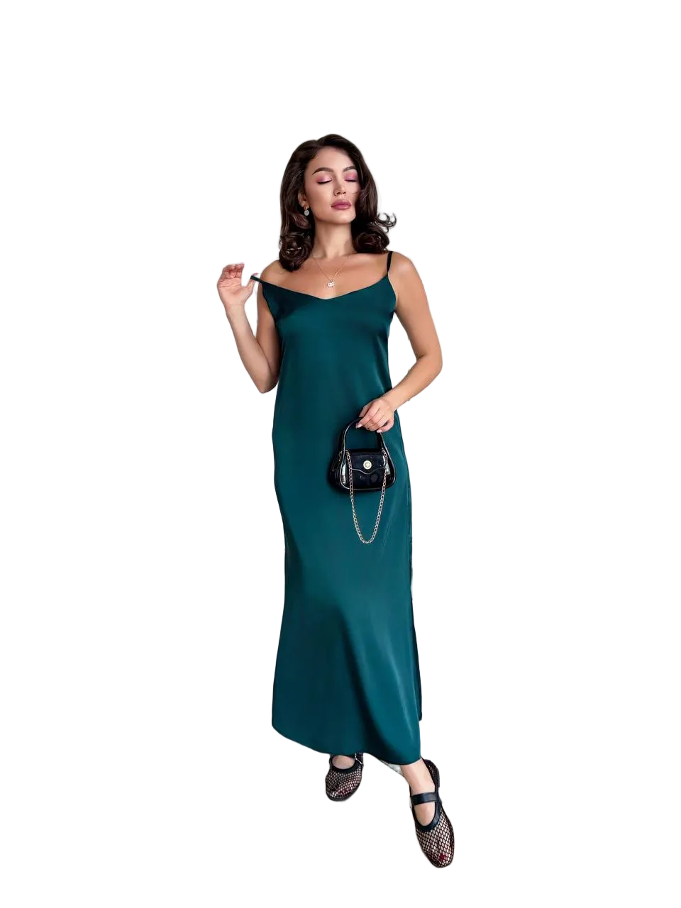 Emerald Green Slip Dress Midi V Neck Sarafan Adjustable Straps
