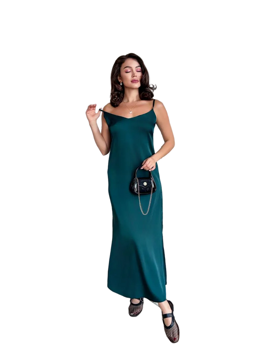 Emerald Green Slip Dress Midi V Neck Sarafan Adjustable Straps