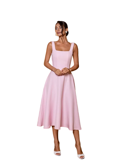 Pink Midi A Line Dress Square Neck Diagonal Crepe Cocktail Dress