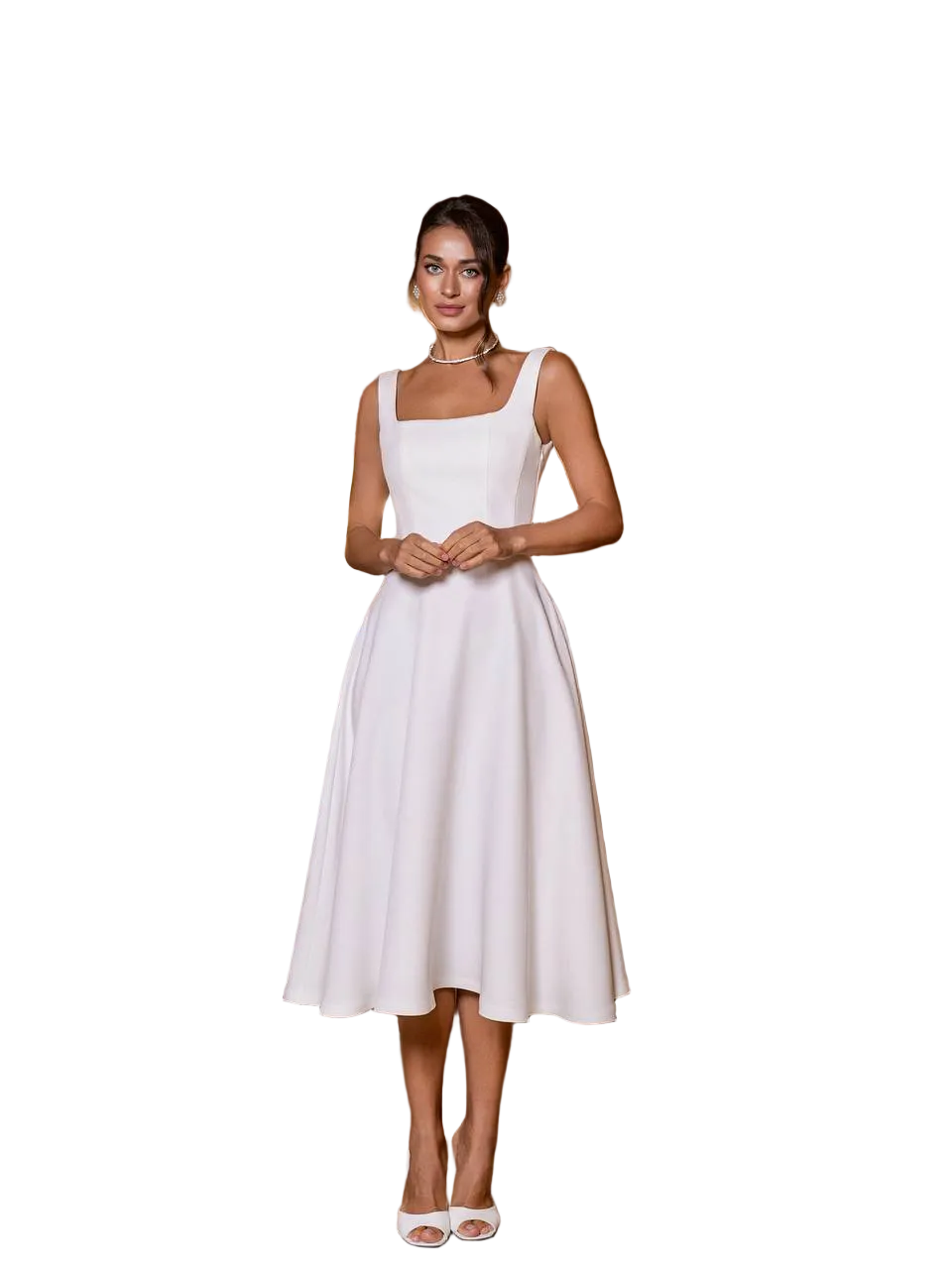 White Diagonal Crepe Midi Dress Square Neck Sleeveless Fit and Flare