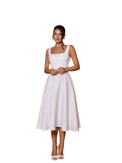 White Diagonal Crepe Midi Dress Square Neck Sleeveless Fit and Flare