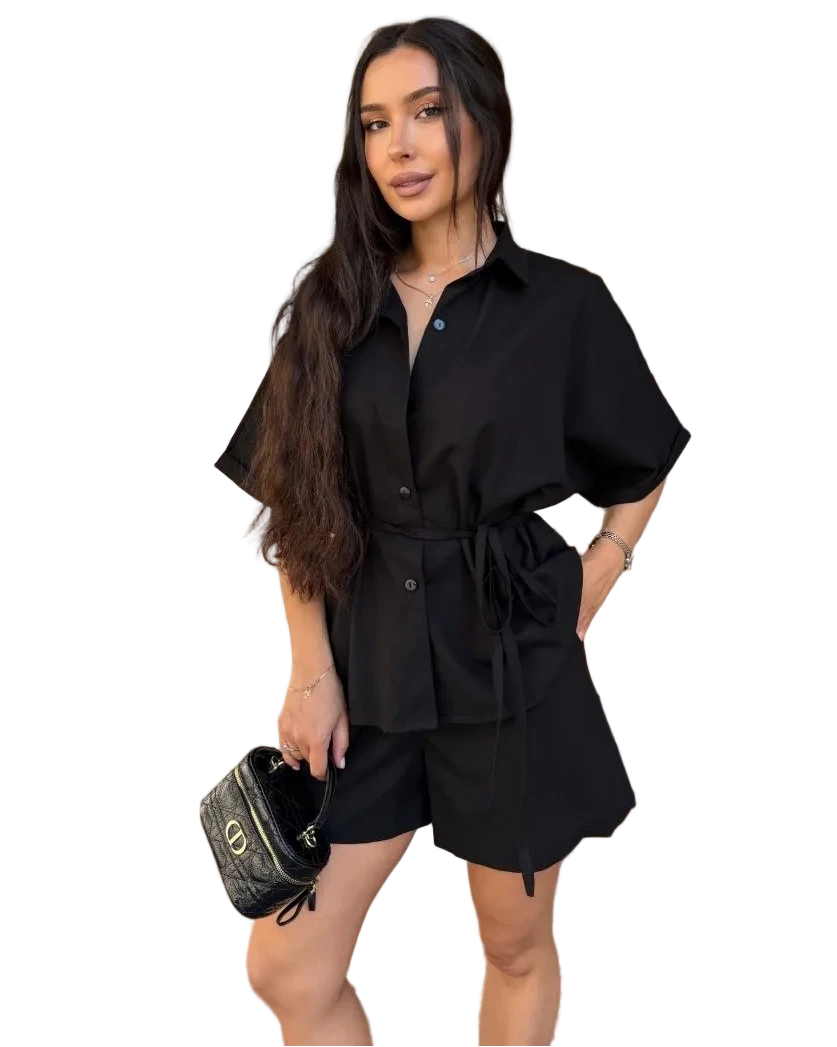 Linen Two Piece Set Women Black Oversize Shirt And Shorts Summer Outfit
