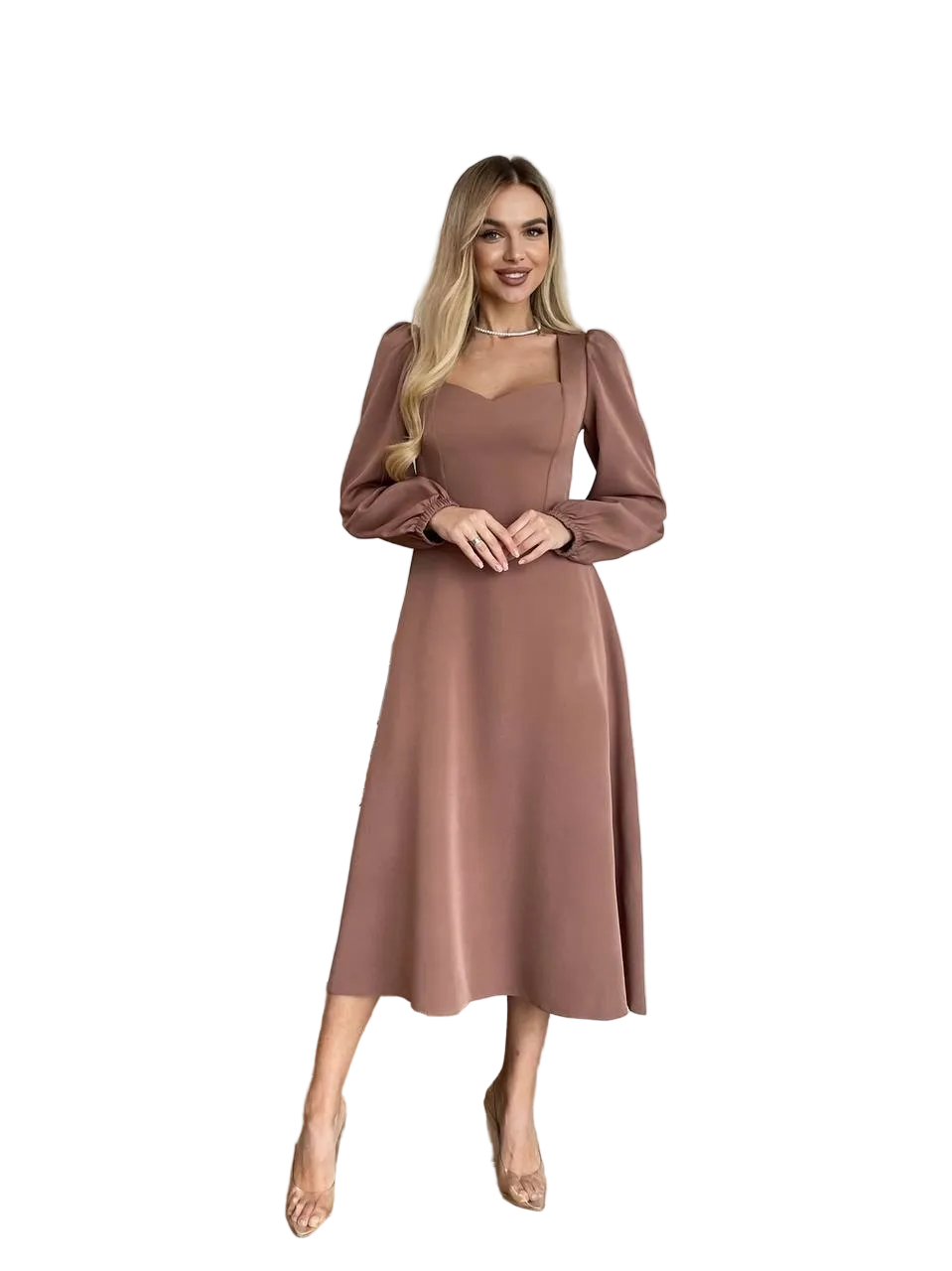 Dusty Rose Midi Dress with Heart Neckline and Puff Sleeves Elegant Evening Dress