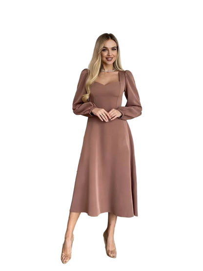 Dusty Rose Midi Dress with Heart Neckline and Puff Sleeves Elegant Evening Dress