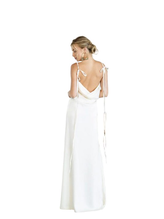 Satin Slip Dress Cowl Back Tie Straps Backless Evening Gown