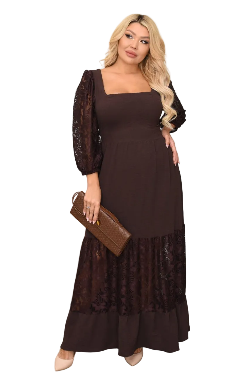Chocolate Brown Guipure Lace Maxi Dress Square Neck Back Lace Up Three Quarter Sleeve Evening Dress