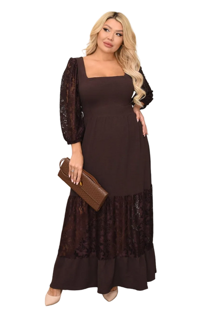 Chocolate Brown Guipure Lace Maxi Dress Square Neck Back Lace Up Three Quarter Sleeve Evening Dress