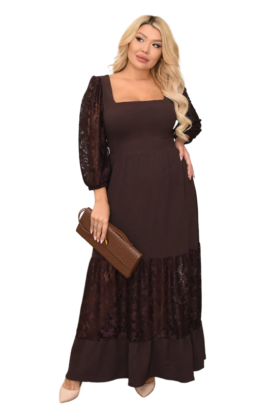 Chocolate Brown Guipure Lace Maxi Dress Square Neck Back Lace Up Three Quarter Sleeve Evening Dress
