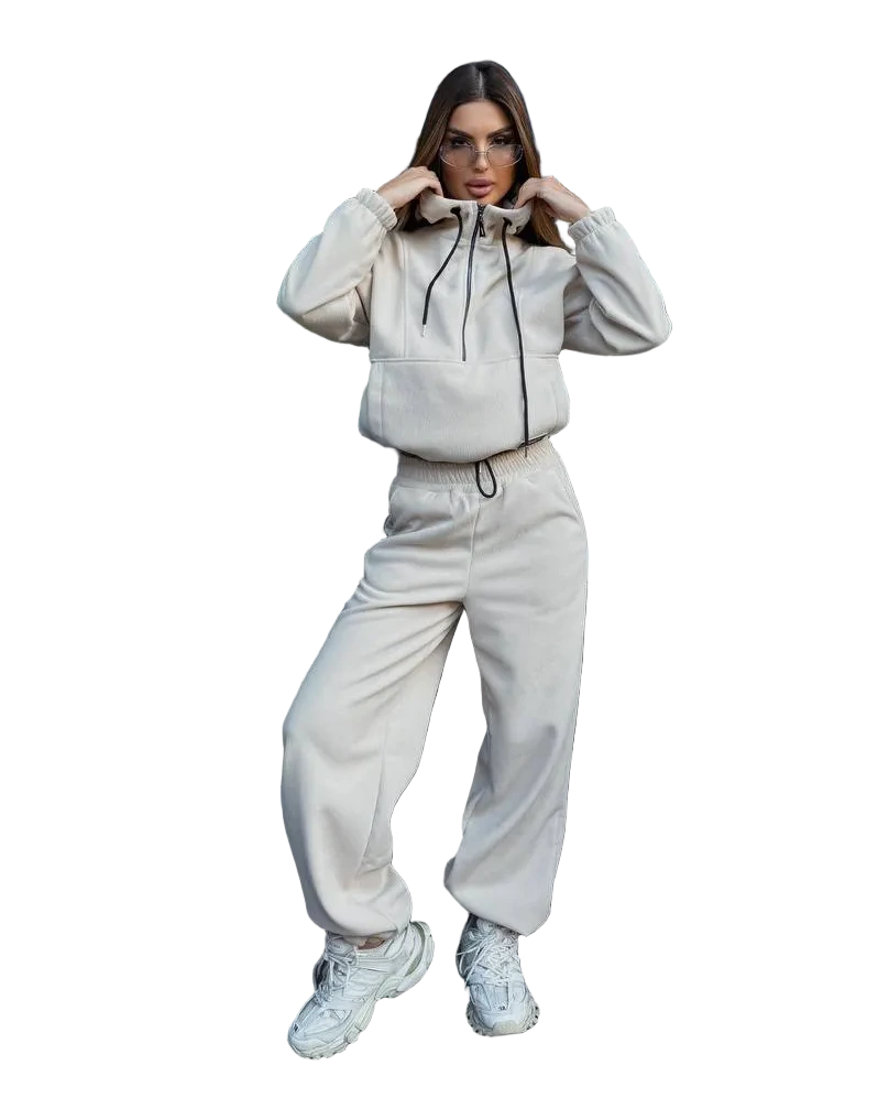 Beige Micro Corduroy Fleece Tracksuit Athleisure Set
