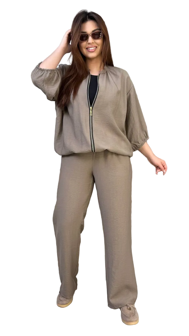 Womens Linen Viscose Two Piece Set Taupe Palazzo Pants Zip Jacket Casual Relaxed Fit