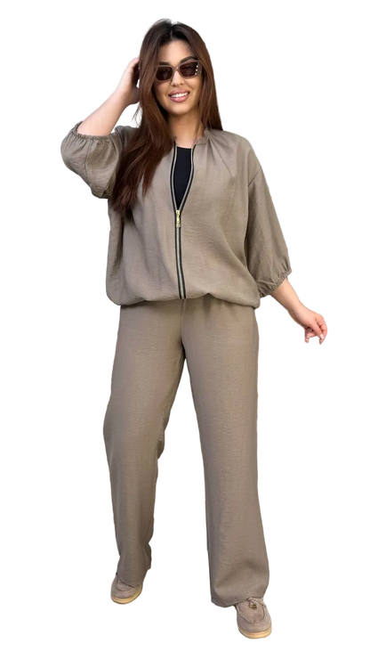 Womens Linen Viscose Two Piece Set Taupe Palazzo Pants Zip Jacket Casual Relaxed Fit