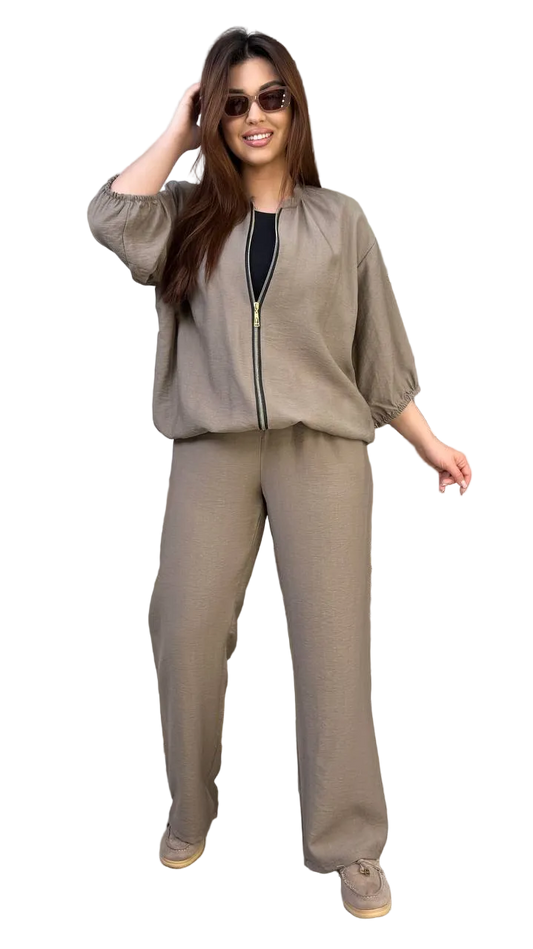Womens Linen Viscose Two Piece Set Taupe Palazzo Pants Zip Jacket Casual Relaxed Fit