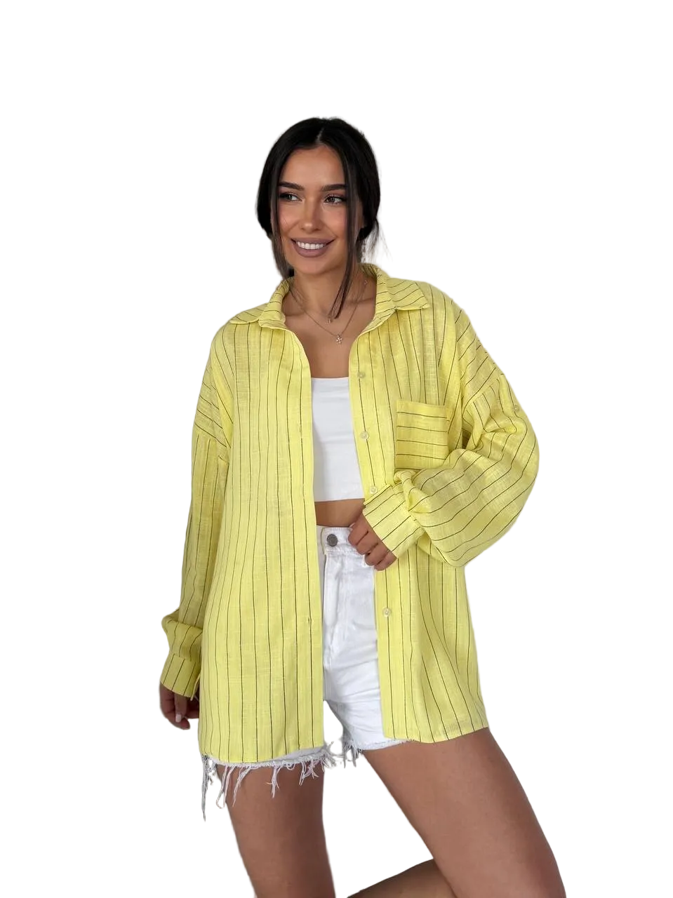 Yellow Striped Oversized Shirt Women Button Up Loose Fit