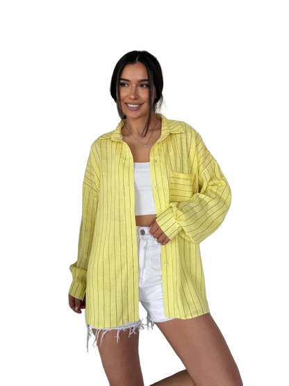Yellow Striped Oversized Shirt Women Button Up Loose Fit