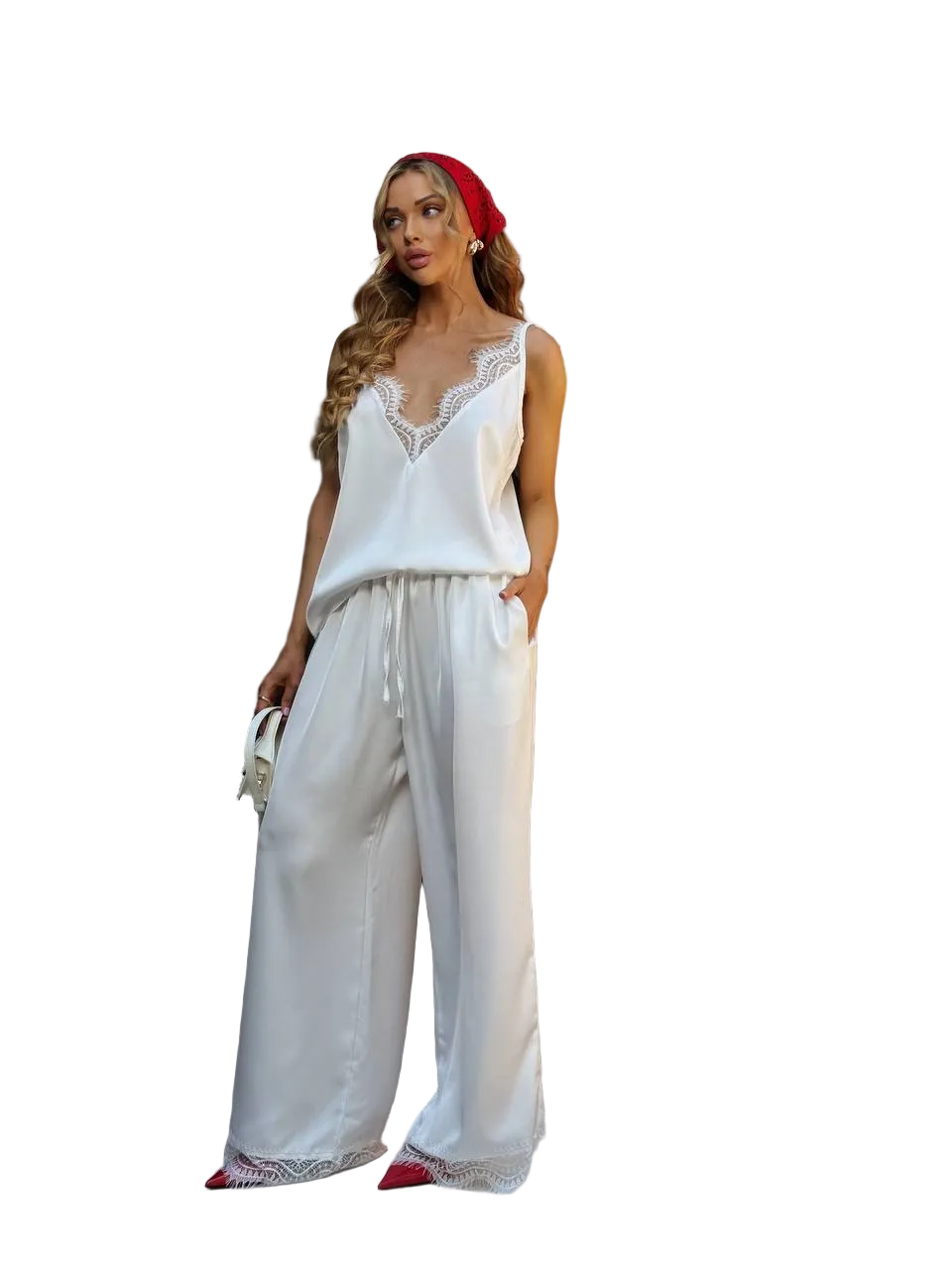 White Silk Two Piece Suit with Lace Trim V Neck Top and Wide Leg Pants