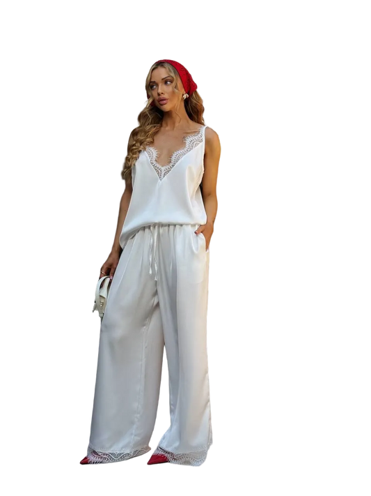White Silk Two Piece Suit with Lace Trim V Neck Top and Wide Leg Pants
