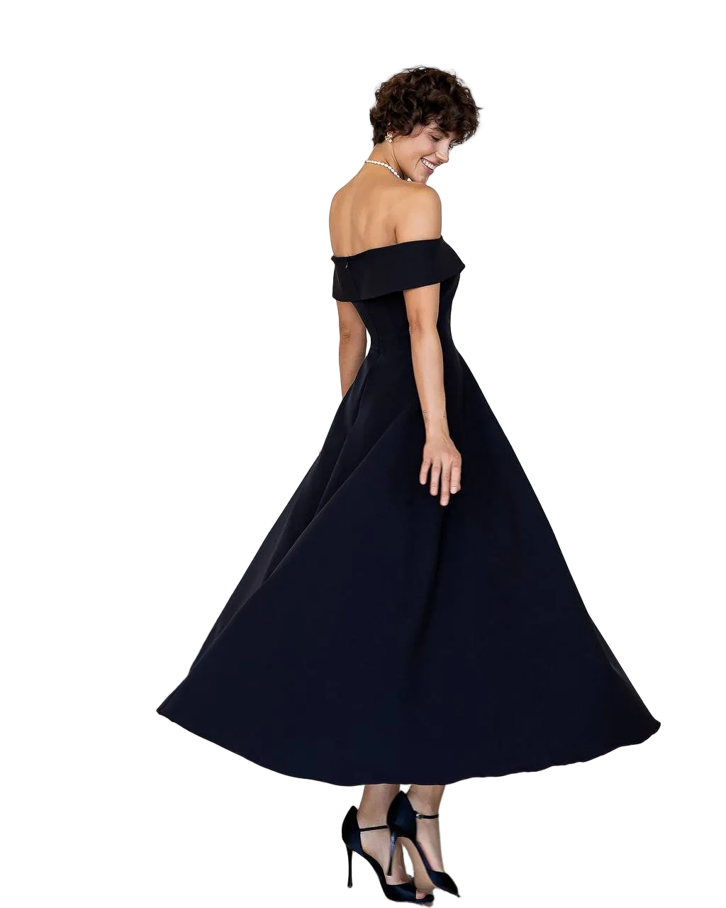 Black Off Shoulder A Line Midi Dress Premium Suiting Fabric