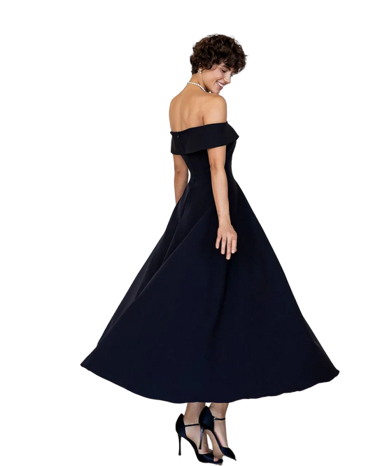 Black Off Shoulder A Line Midi Dress Premium Suiting Fabric