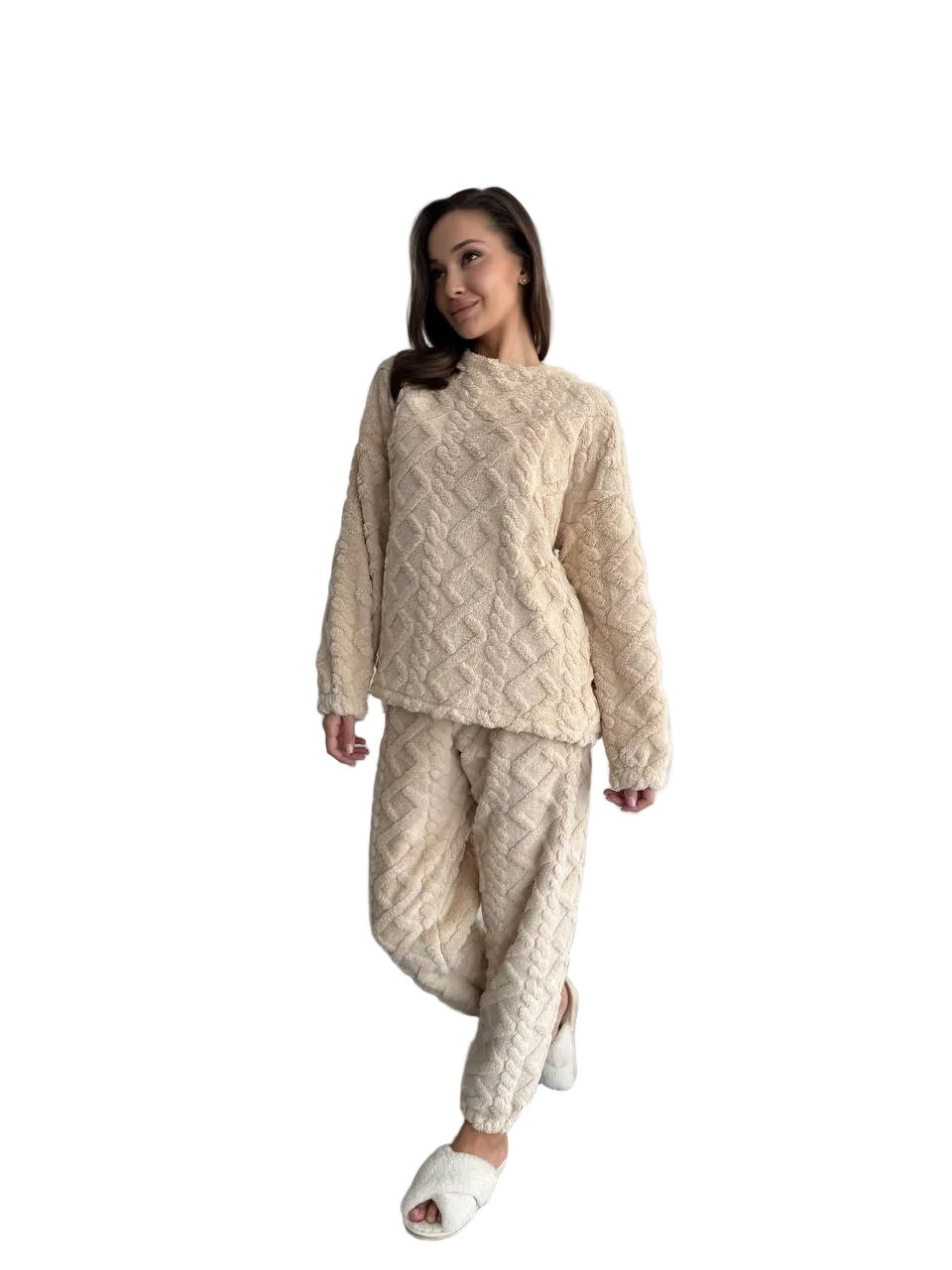 Womens Beige Plush Pajama Set Double Sided Terry Loungewear