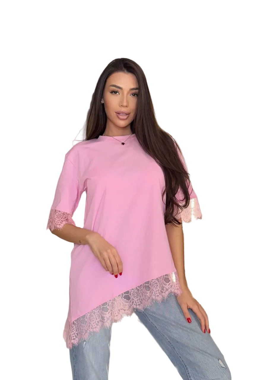 Pink Lace T Shirt Women Lace Trim 100 Cotton Turkish Kulir Tee