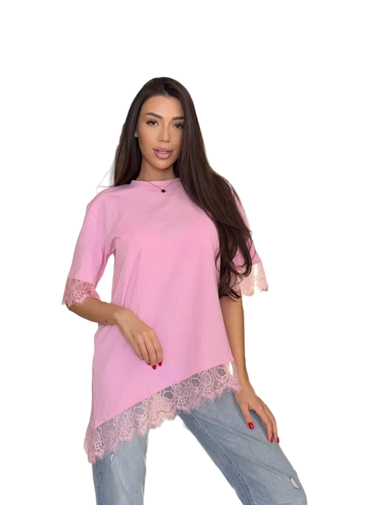 Pink Lace T Shirt Women Lace Trim 100 Cotton Turkish Kulir Tee