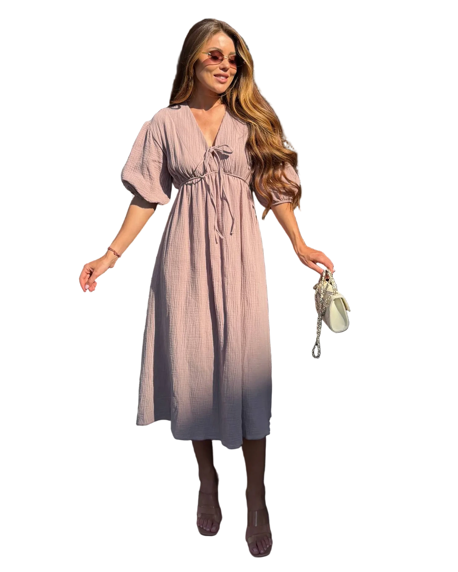 Muslin Midi Dress Puff Sleeves Tie Front