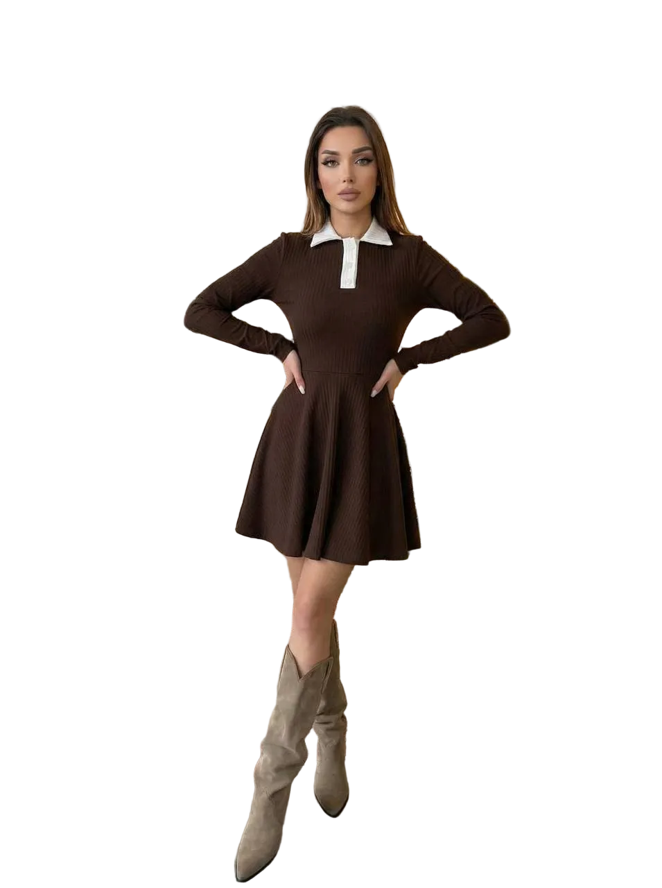 Brown Knit Long Sleeve Dress with White Collar Flared Skirt