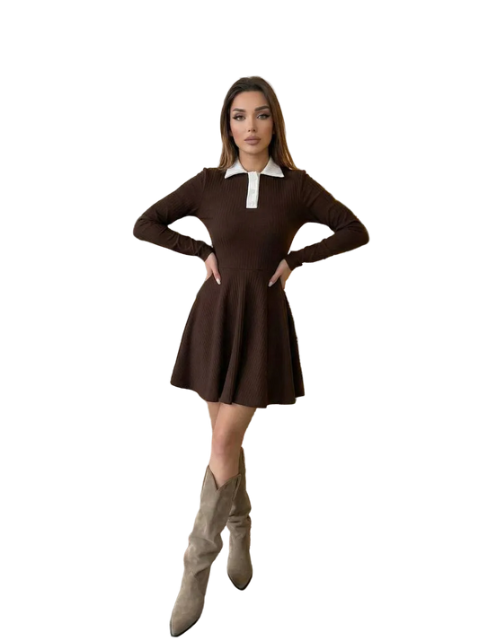 Brown Knit Long Sleeve Dress with White Collar Flared Skirt