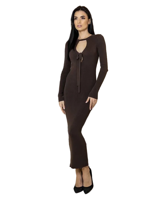 Brown Cotton Tie Front Midi Dress Long Sleeve Keyhole Knit