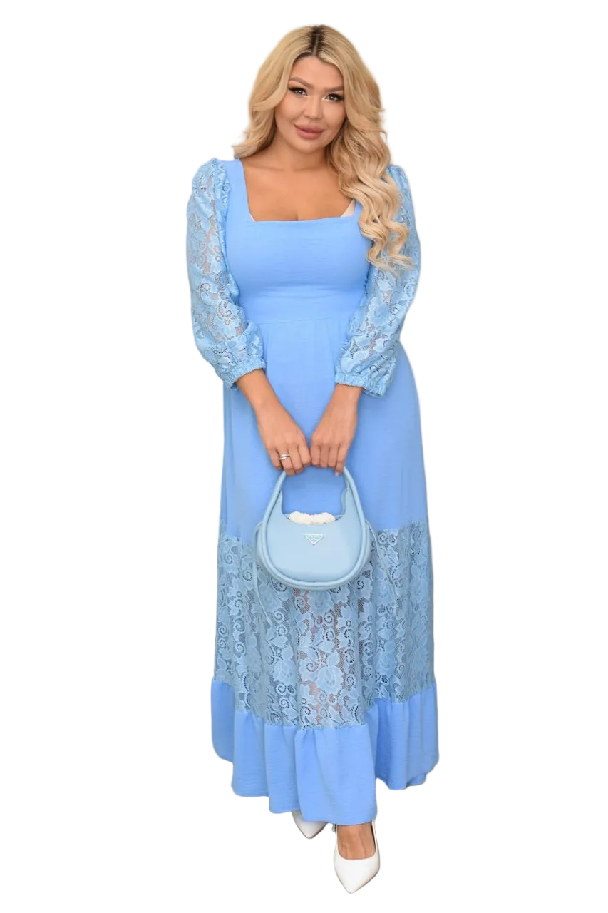 Plus Size Blue Maxi Dress Guipure Lace American Crepe Square Neck Three Quarter Sleeve