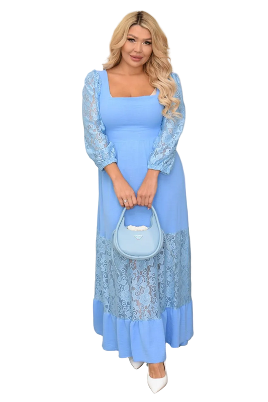 Plus Size Blue Maxi Dress Guipure Lace American Crepe Square Neck Three Quarter Sleeve