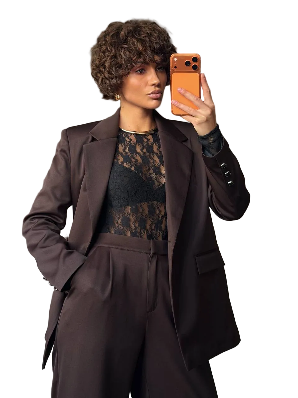 Womens Chocolate Diagonal Crepe Suit Blazer and Trousers