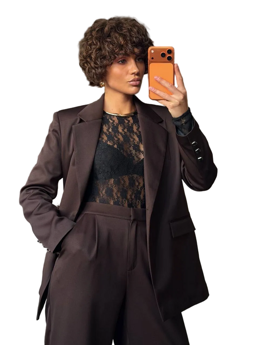 Womens Chocolate Diagonal Crepe Suit Blazer and Trousers