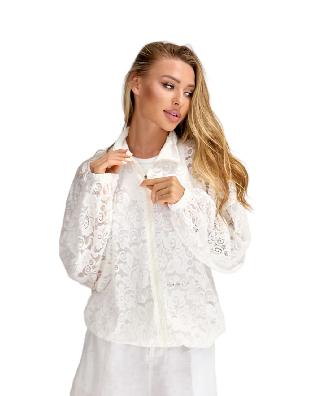 White Lace Bomber Jacket Women Summer Italian Lace