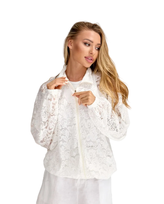 White Lace Bomber Jacket Women Summer Italian Lace